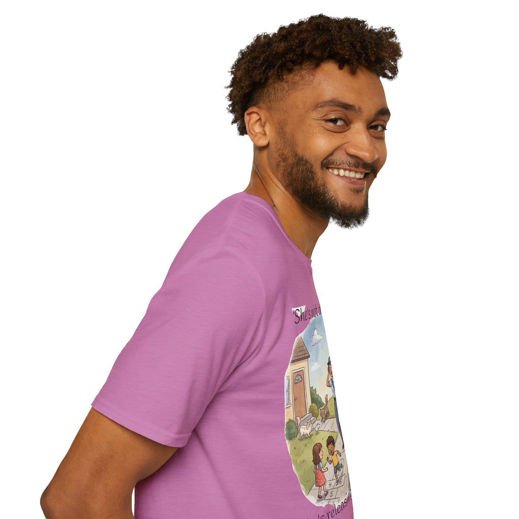 T‑Shirt – "She’s not delivering mail, she’s delivering a little wind" Cute Postal Worker Illustration Tee