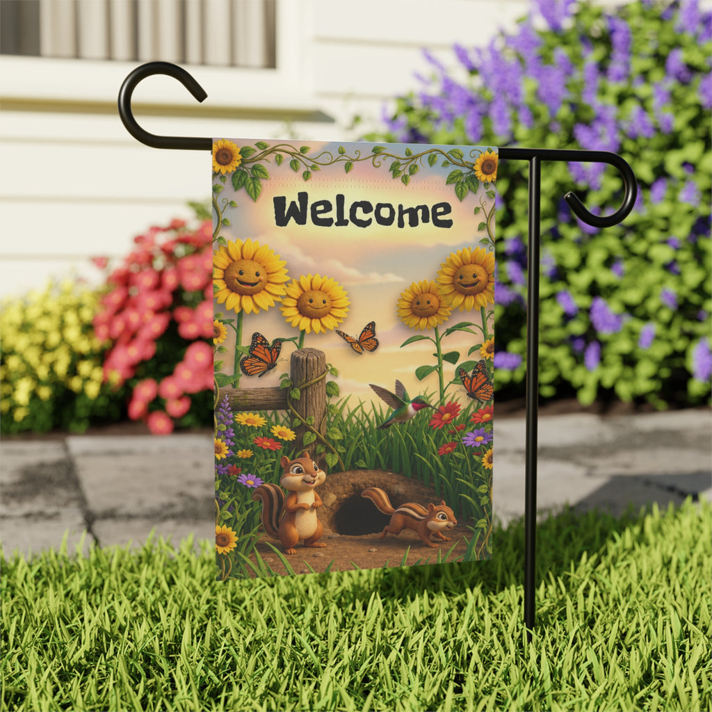 Chipmunks & Sunflowers Welcome Banner flag | Garden House Porch Decor