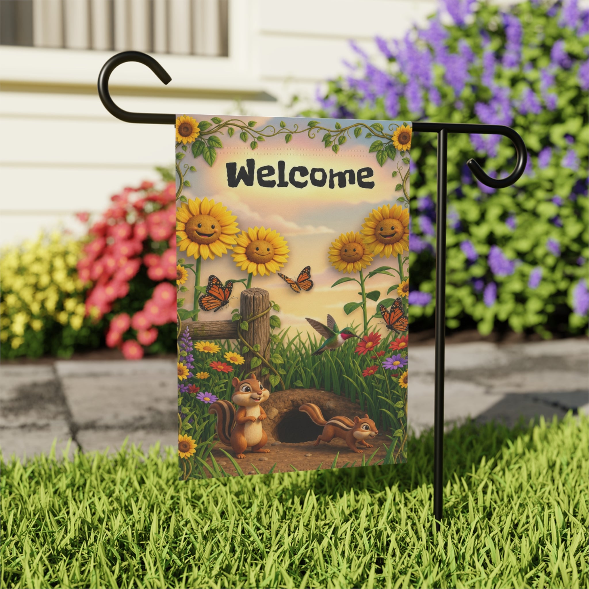Chipmunks & Sunflowers Welcome Banner flag | Garden House Porch Decor
