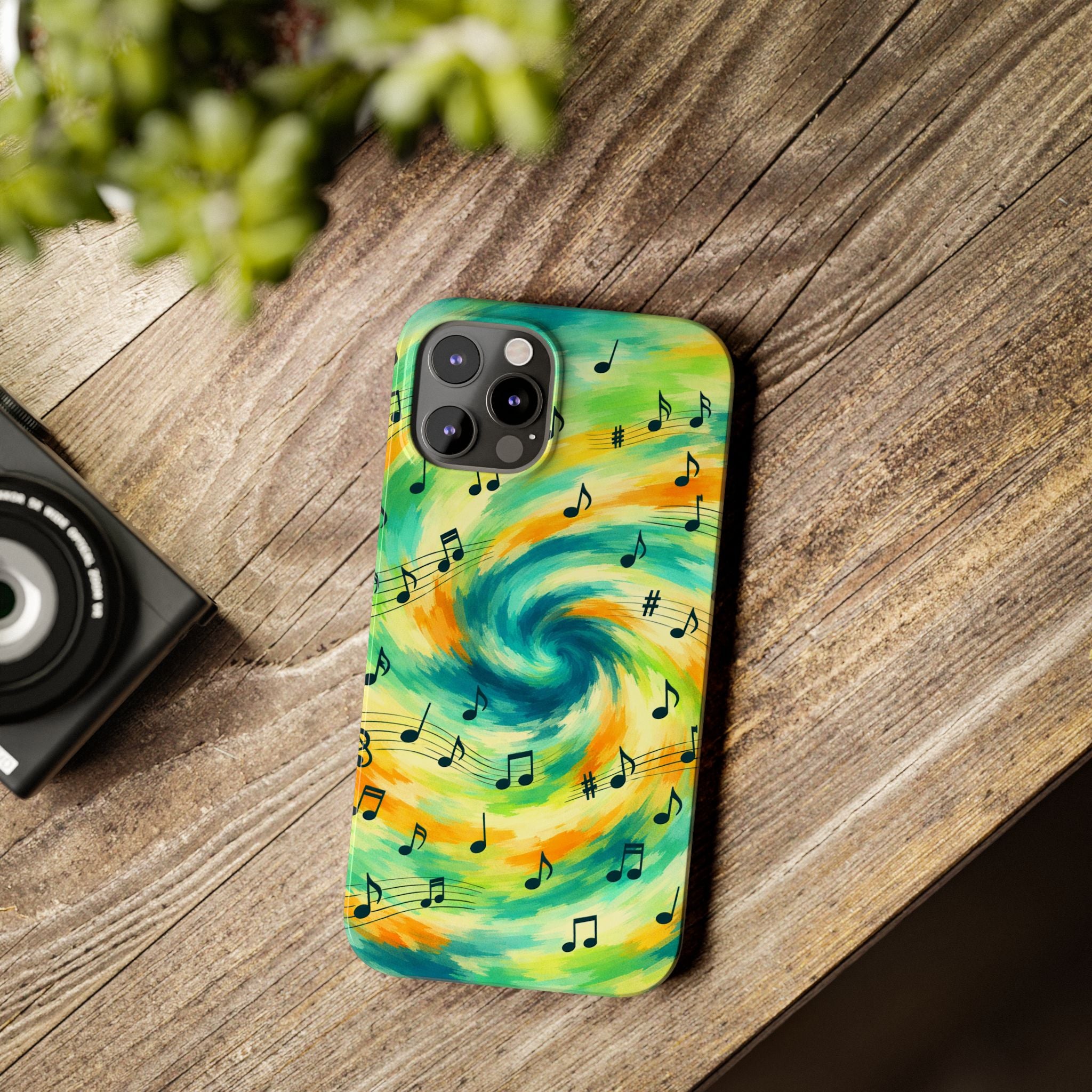 Music Notes Swirl Slim Phone Case | Colorful Turquoise Yellow Galaxy