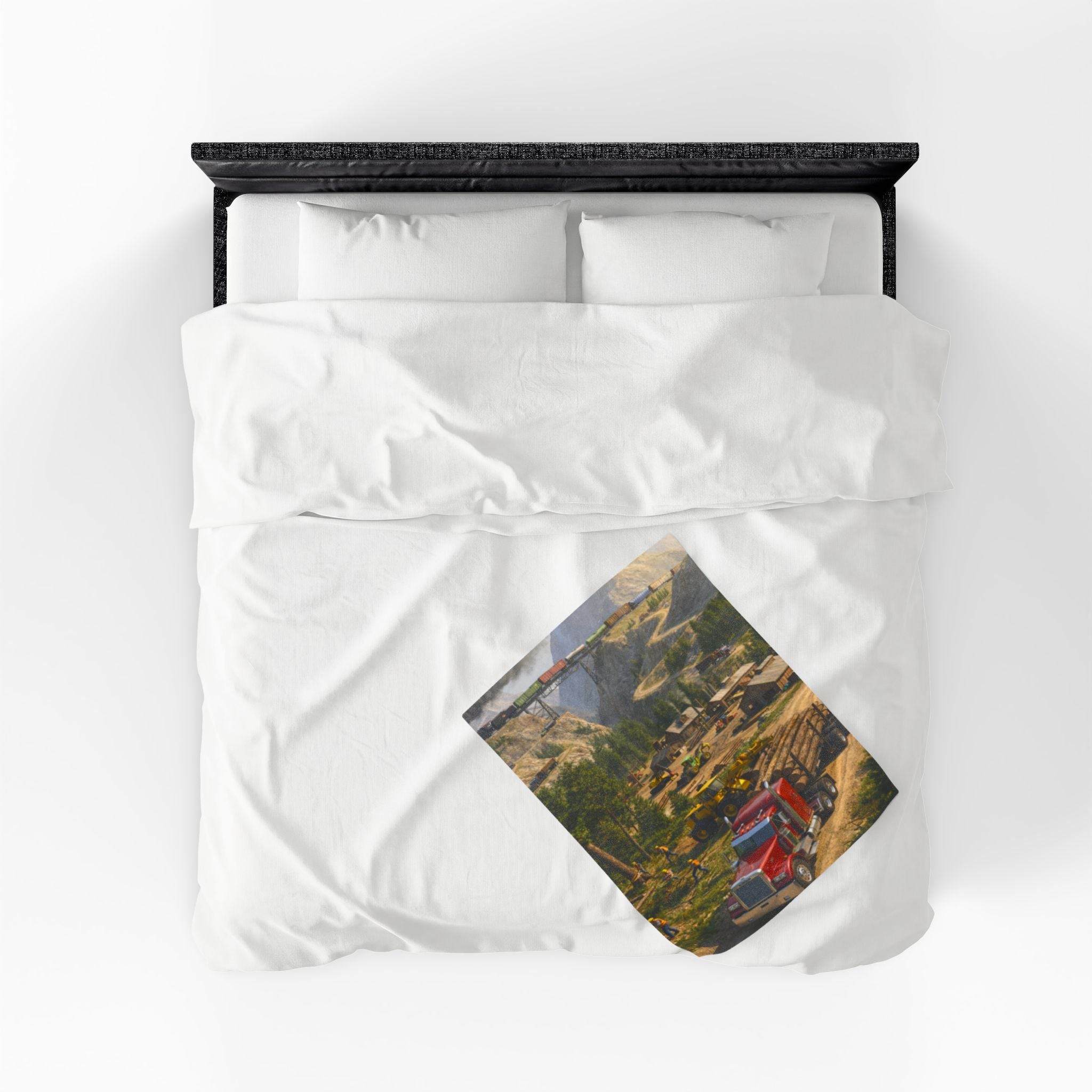 Red Tractor Logging Scene Velveteen Plush Blanket | Quarry Train Illustration