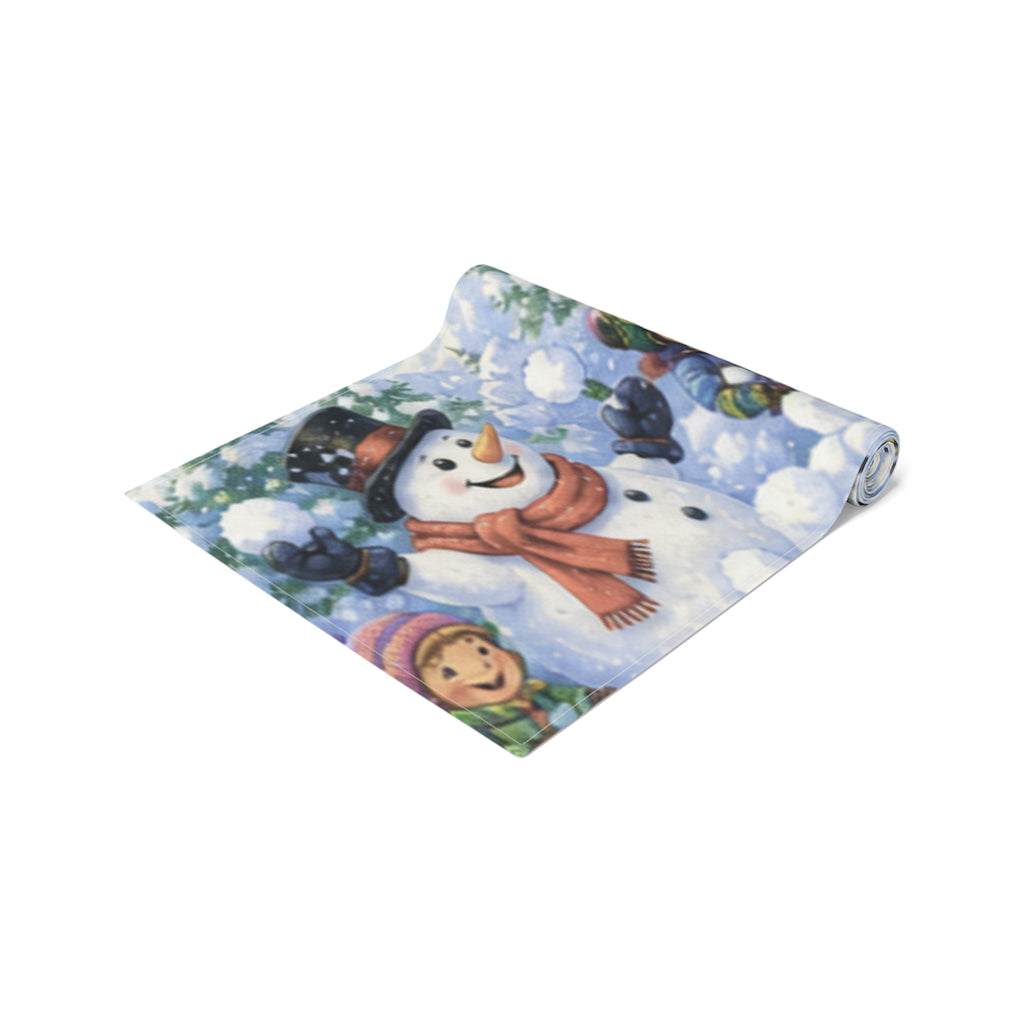 Snowball Fight Snowman Scene Table Runner | Cotton Poly