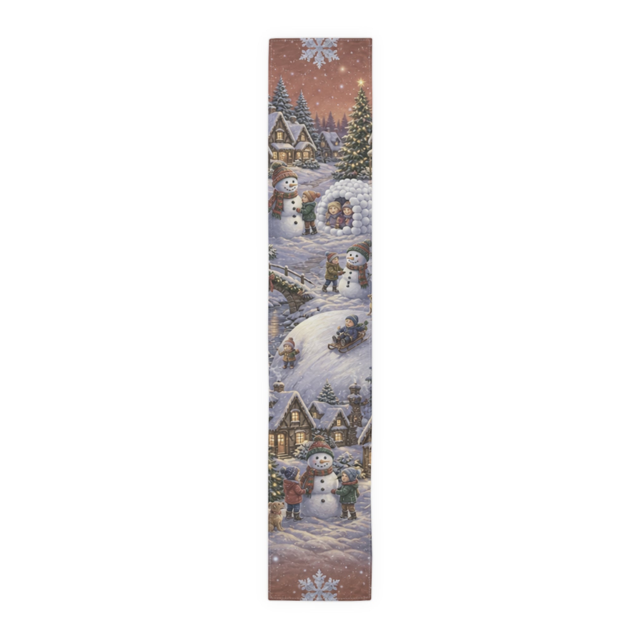 Storybook Snowman Village Table Runner, Winter Wonderland Cotton Poly
