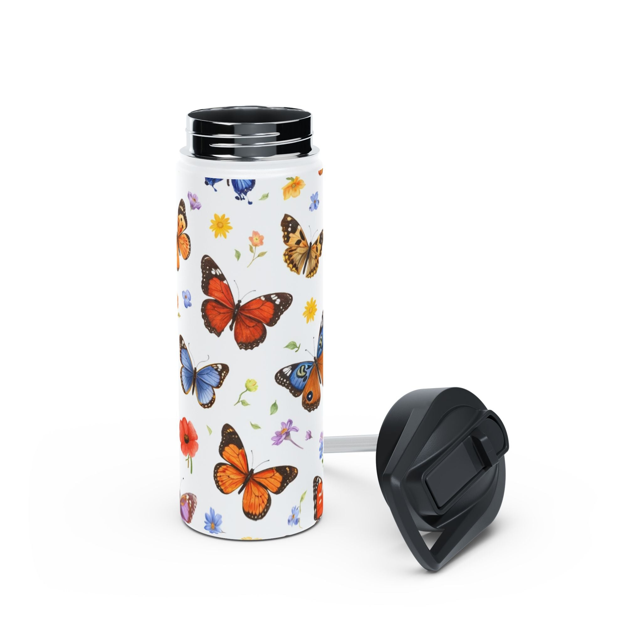 Butterfly Floral Pattern Stainless Steel Water Bottle | Standard Lid
