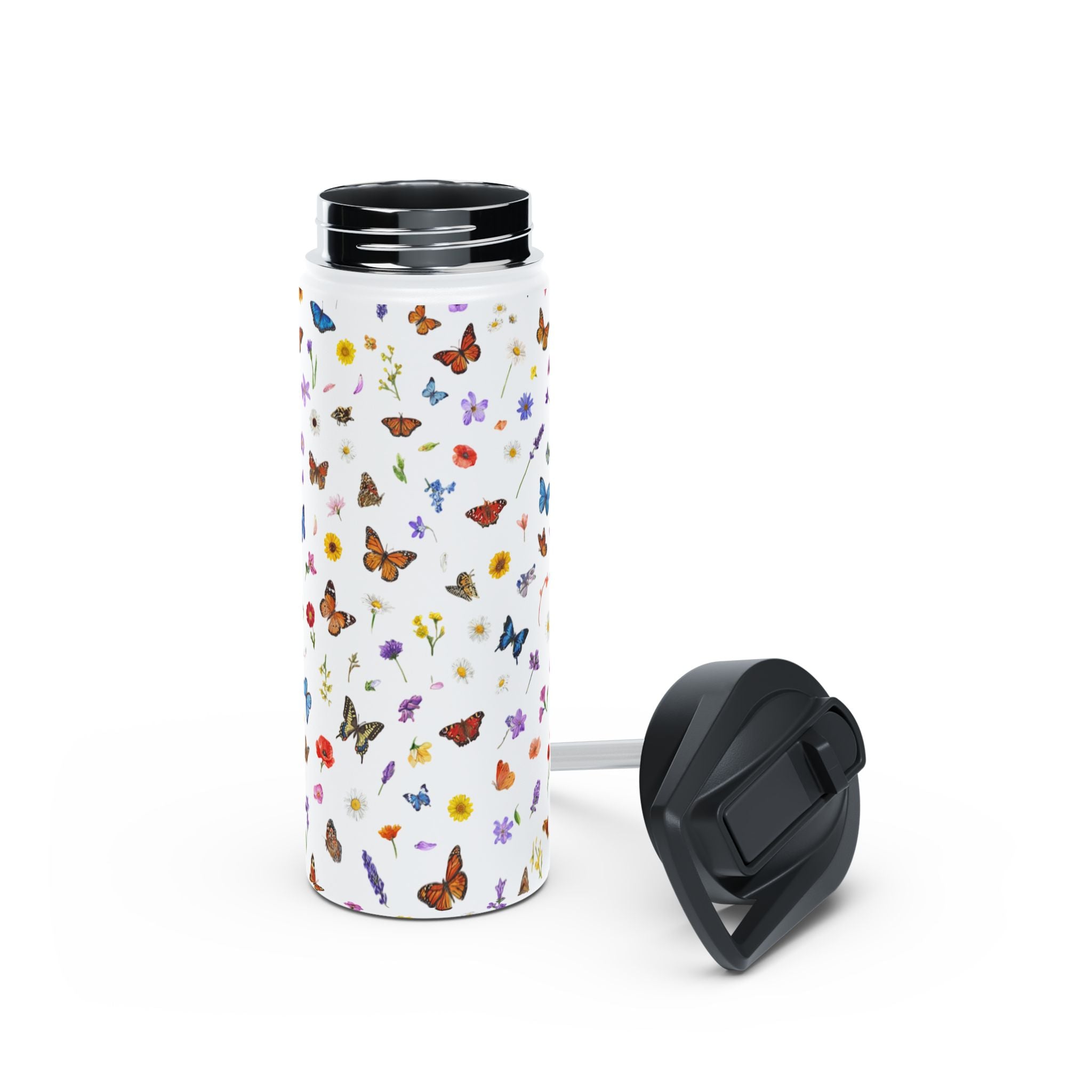Butterfly Floral Pattern Stainless Steel Water Bottle | Standard Lid