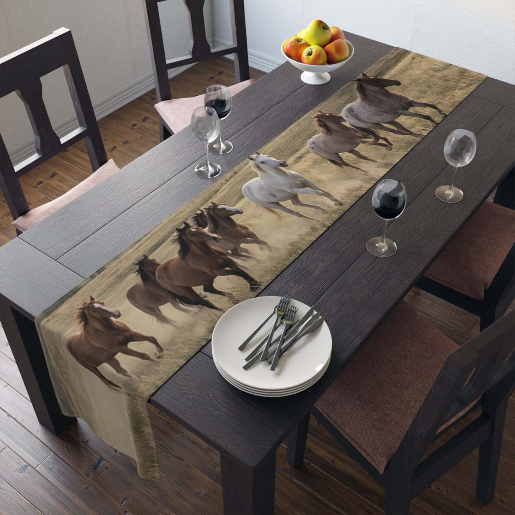 Horse Herd Table Runner - Rustic Galloping Horses Cotton-Poly Dining Decor