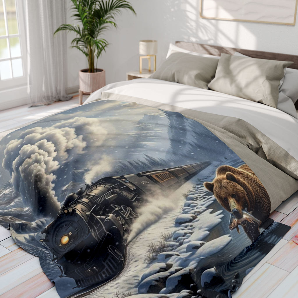 Bear Catching Salmon, Fleece Blanket | Steam Train Winter Landscape