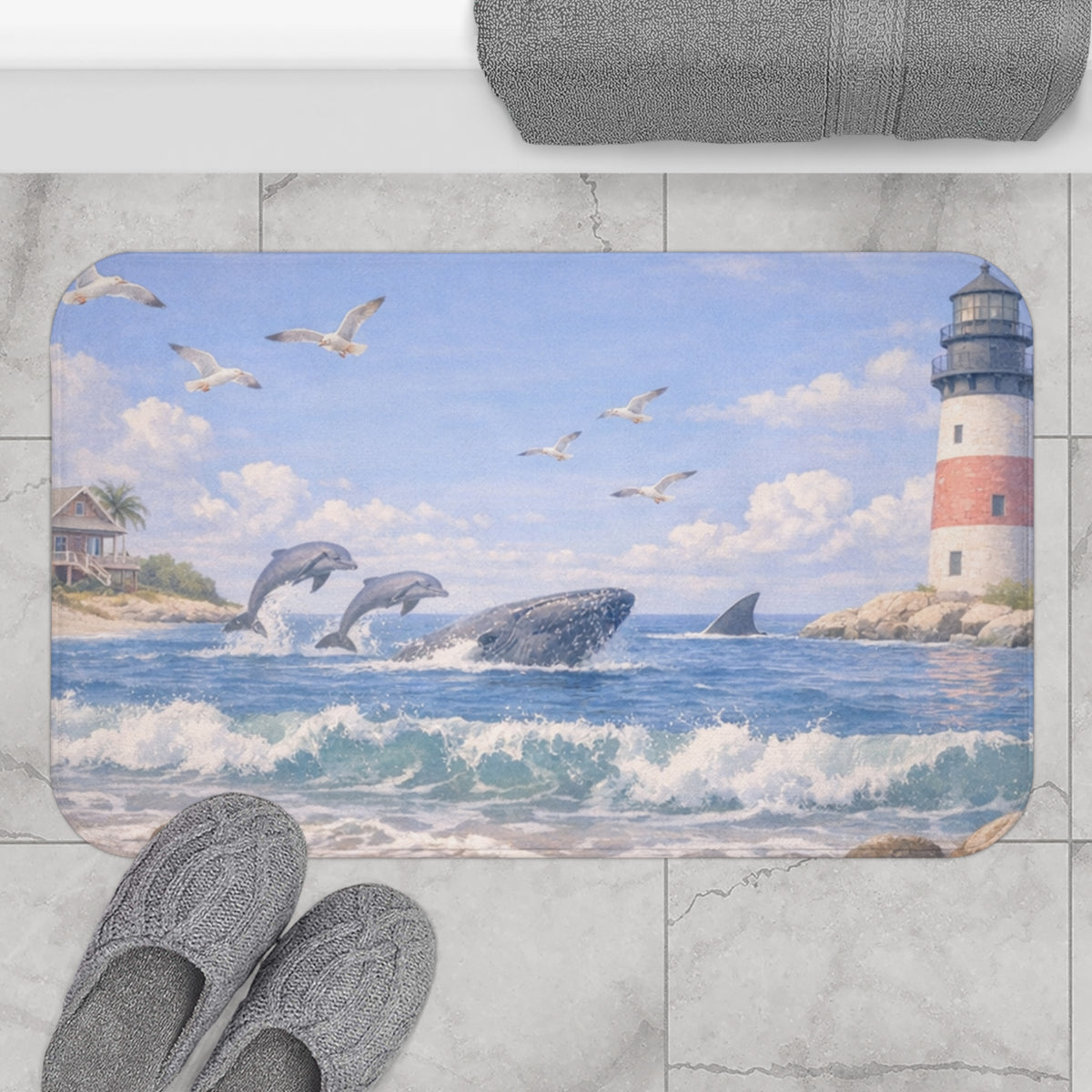 Lighthouse and Dolphins Bath Mat | Coastal Ocean Wave Scene
