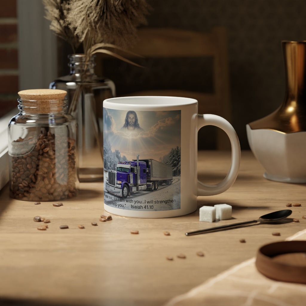 20oz Jumbo Coffee mug  Christian Trucker Winter Scene | 'Fear Not, I Am With You' Inspirational Coffee Cup