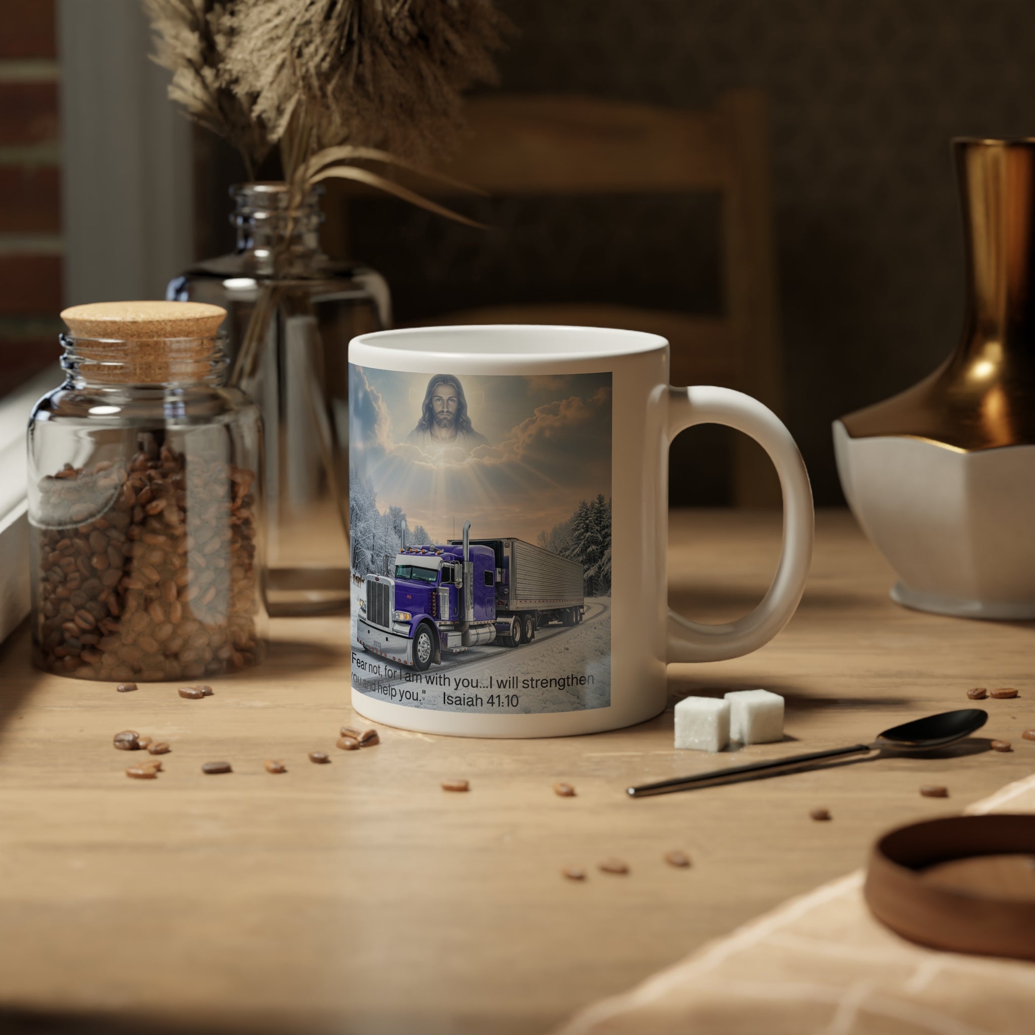 20oz Jumbo Coffee mug  Christian Trucker Winter Scene | 'Fear Not, I Am With You' Inspirational Coffee Cup