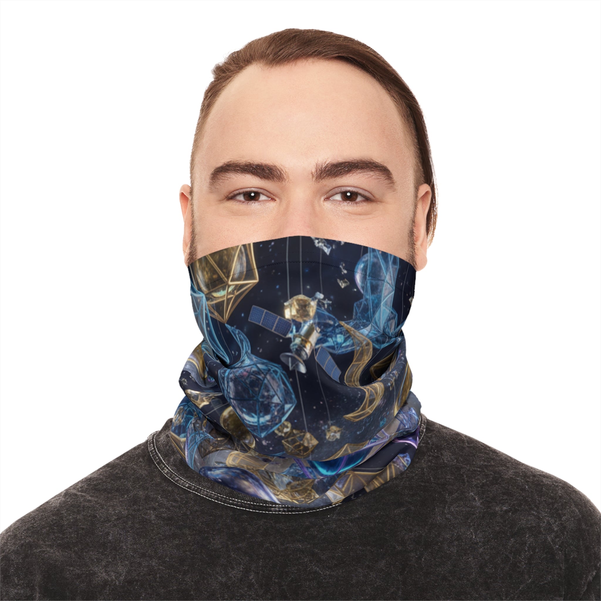 Cosmic Geometry Neck Gaiter | Celestial Moon & Crystal Orbs