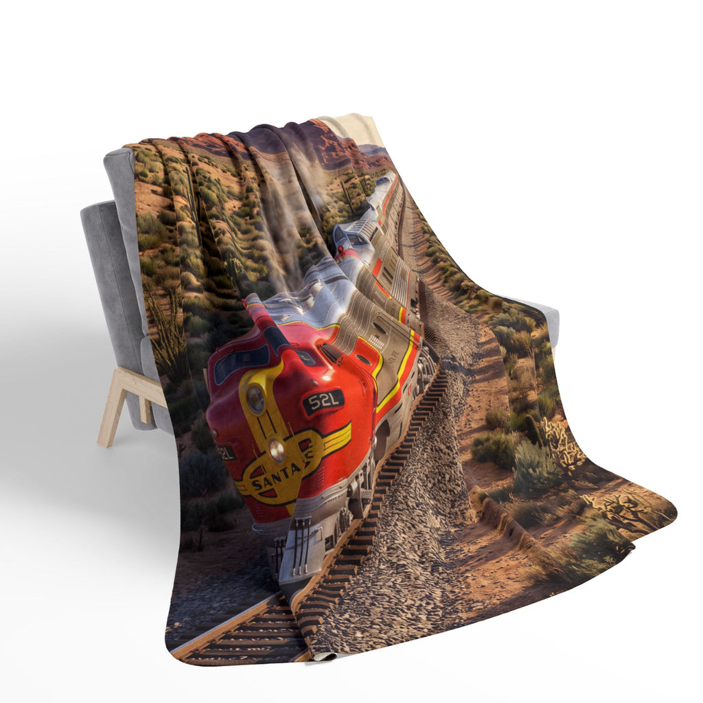 Classic Red Locomotive Fleece Sherpa Blanket | Desert Canyon Train Scene