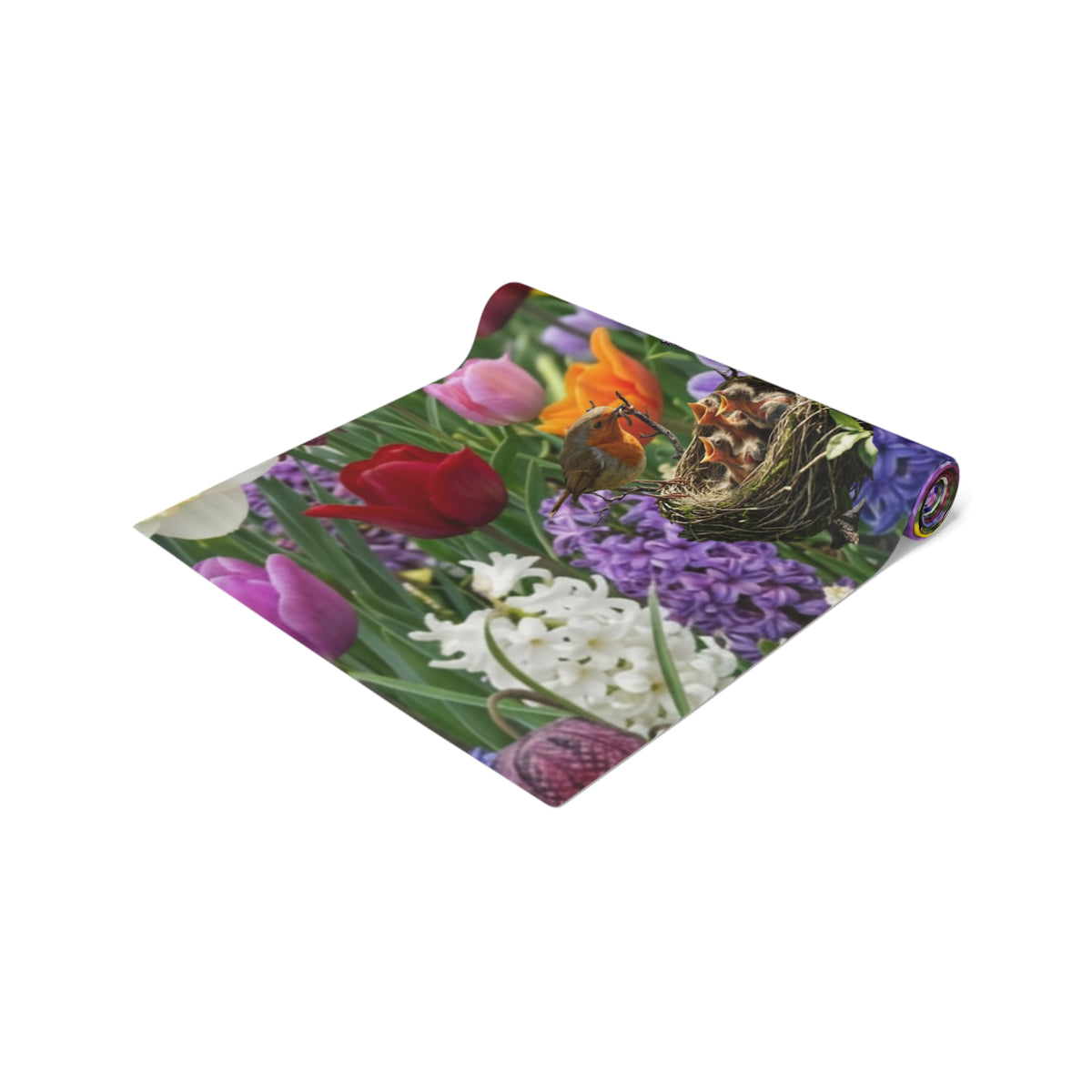 Spring Garden Birds Table Runner | Floral Tulip & Daffodil Dining Decor