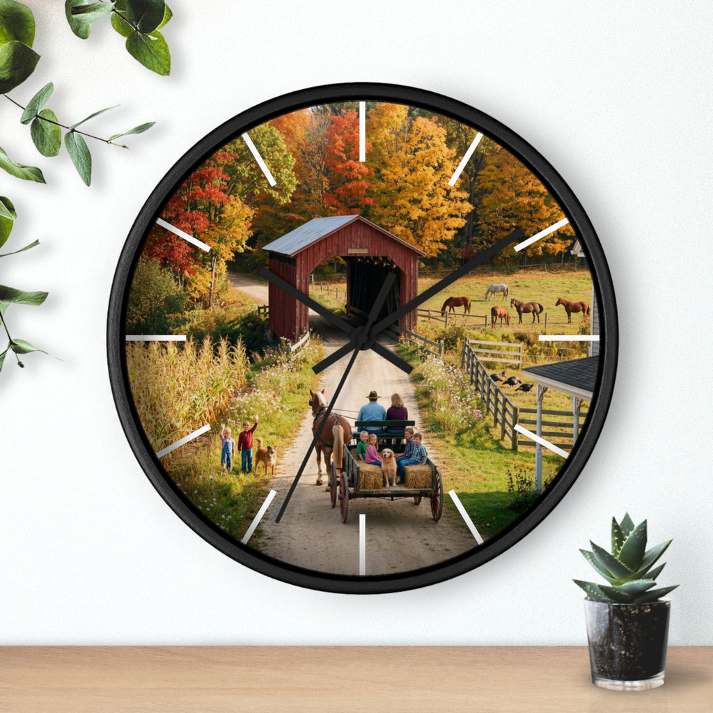 Autumn Covered Bridge Wall Clock / Country Wagon & Fall Scenery