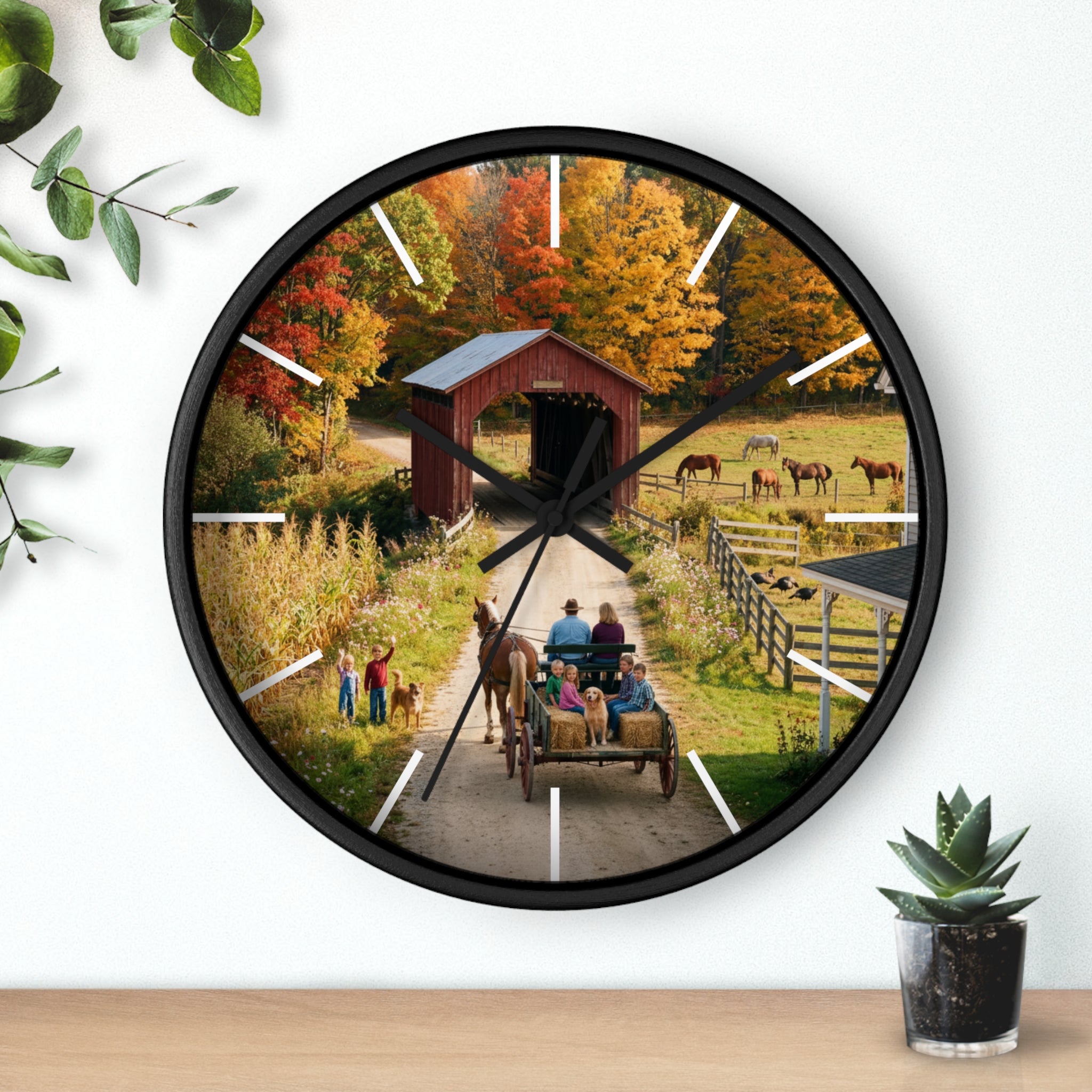 Autumn Covered Bridge Wall Clock / Country Wagon & Fall Scenery