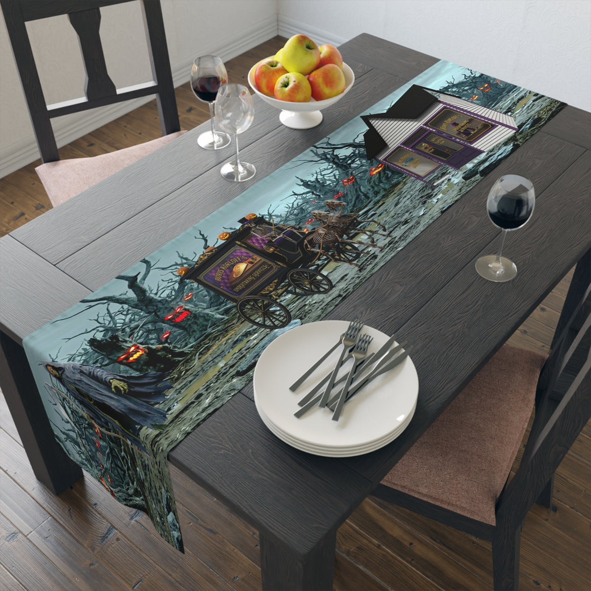 Haunted Hearse Carriage Table Runner | Gothic Horse-Drawn Carriages & Moonlit Marsh Scene