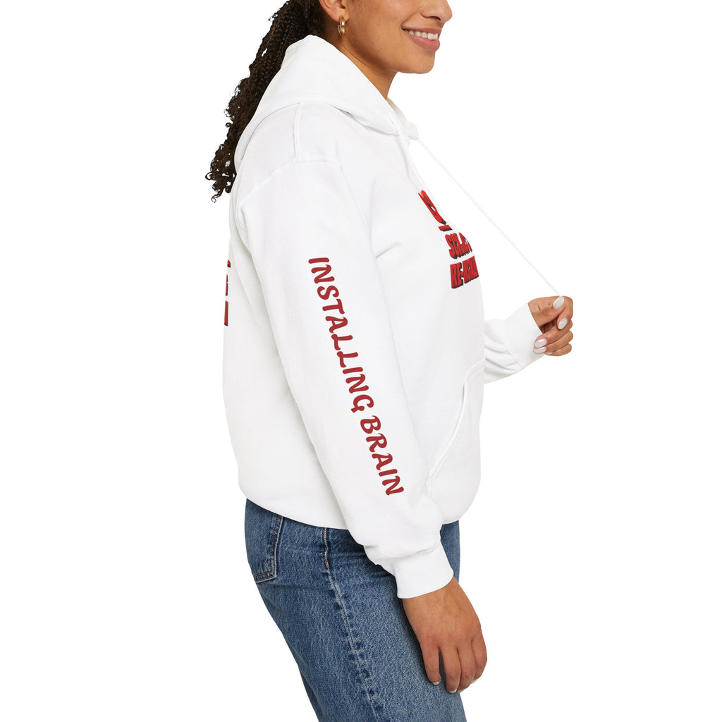 Hoodie — "CAUTION: Schools Starting, Re-Installing Brain" Back-to-School Graphic Hoodie