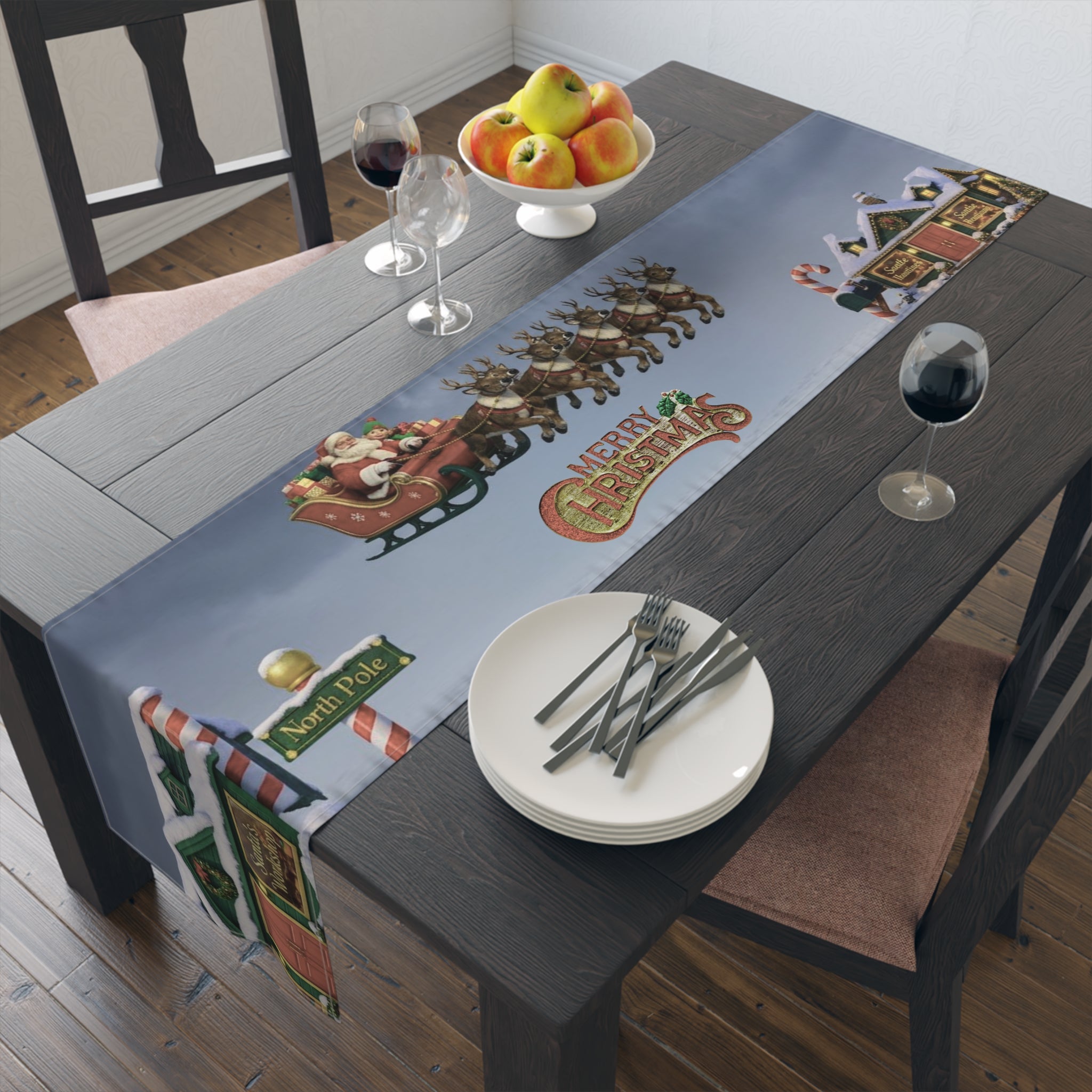 Christmas Village Scene Table Runner | Holiday Snowy Cottage Design