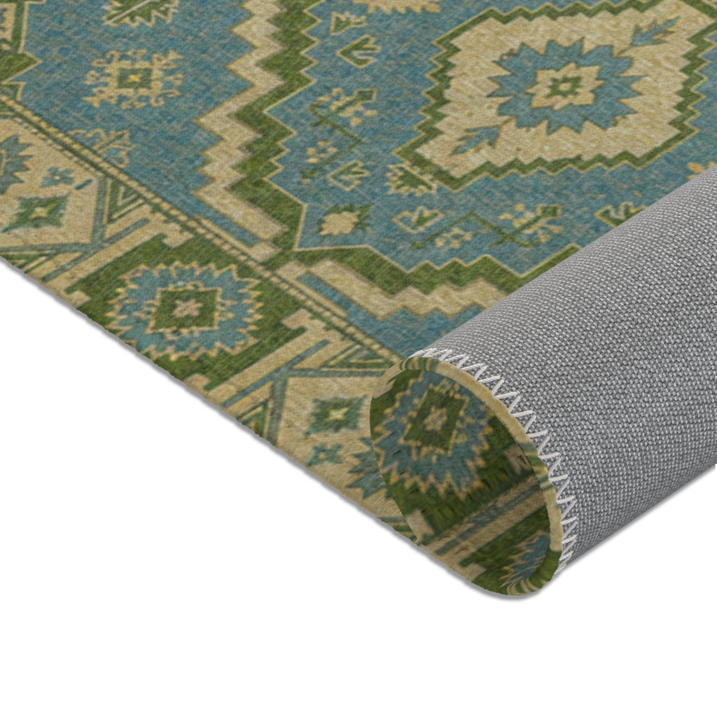 Blue Green Kilim Pattern Area Rug | Southwestern Tribal Geometric Floor Runner