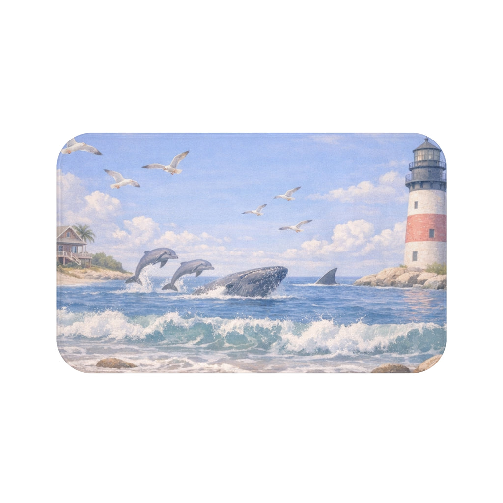 Lighthouse and Dolphins Bath Mat | Coastal Ocean Wave Scene