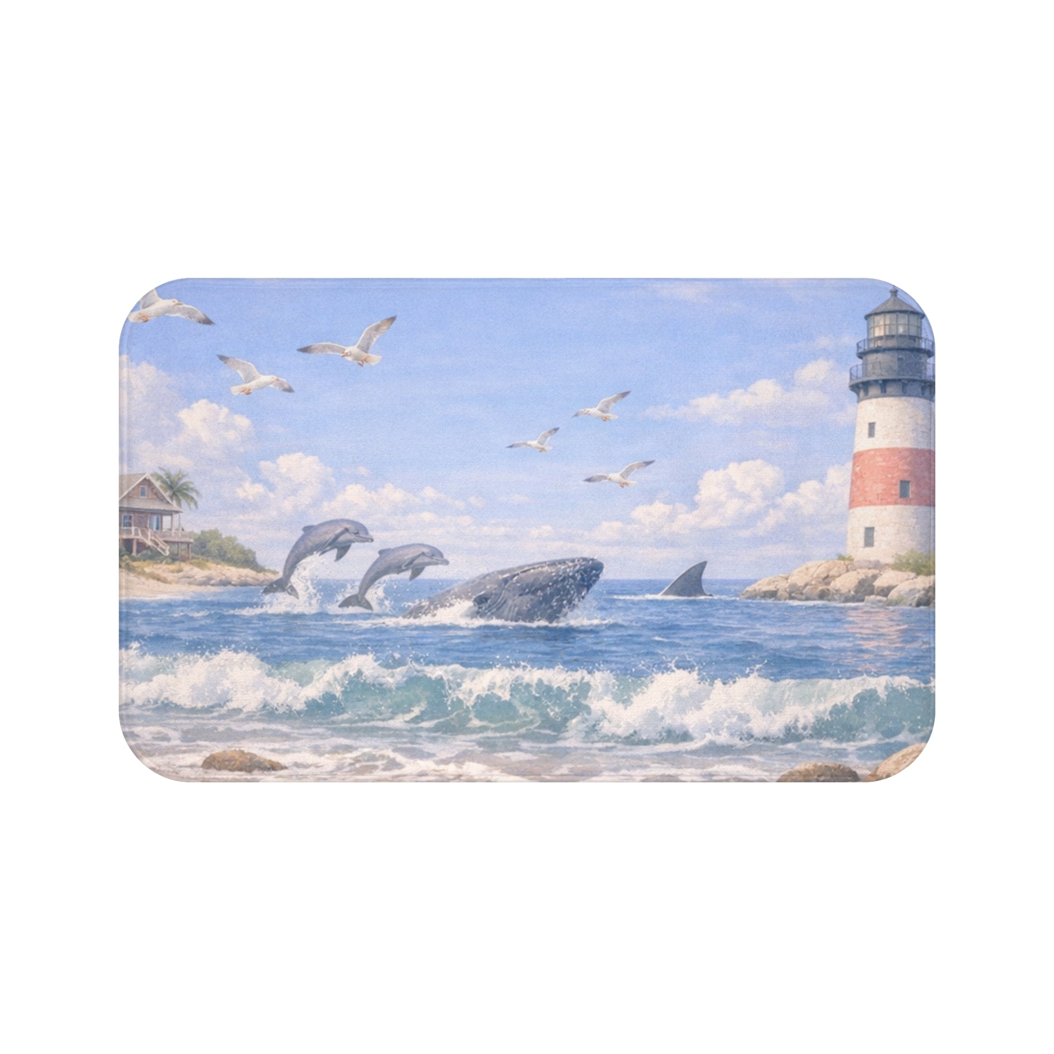 Lighthouse and Dolphins Bath Mat | Coastal Ocean Wave Scene