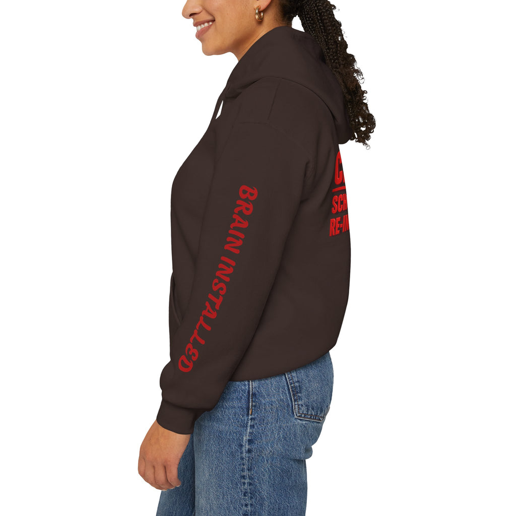 Hoodie — "CAUTION: Schools Starting, Re-Installing Brain" Back-to-School Graphic Hoodie