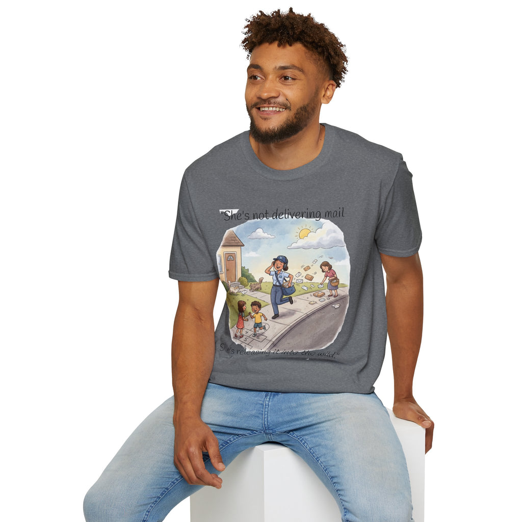 T‑Shirt – "She’s not delivering mail, she’s delivering a little wind" Cute Postal Worker Illustration Tee