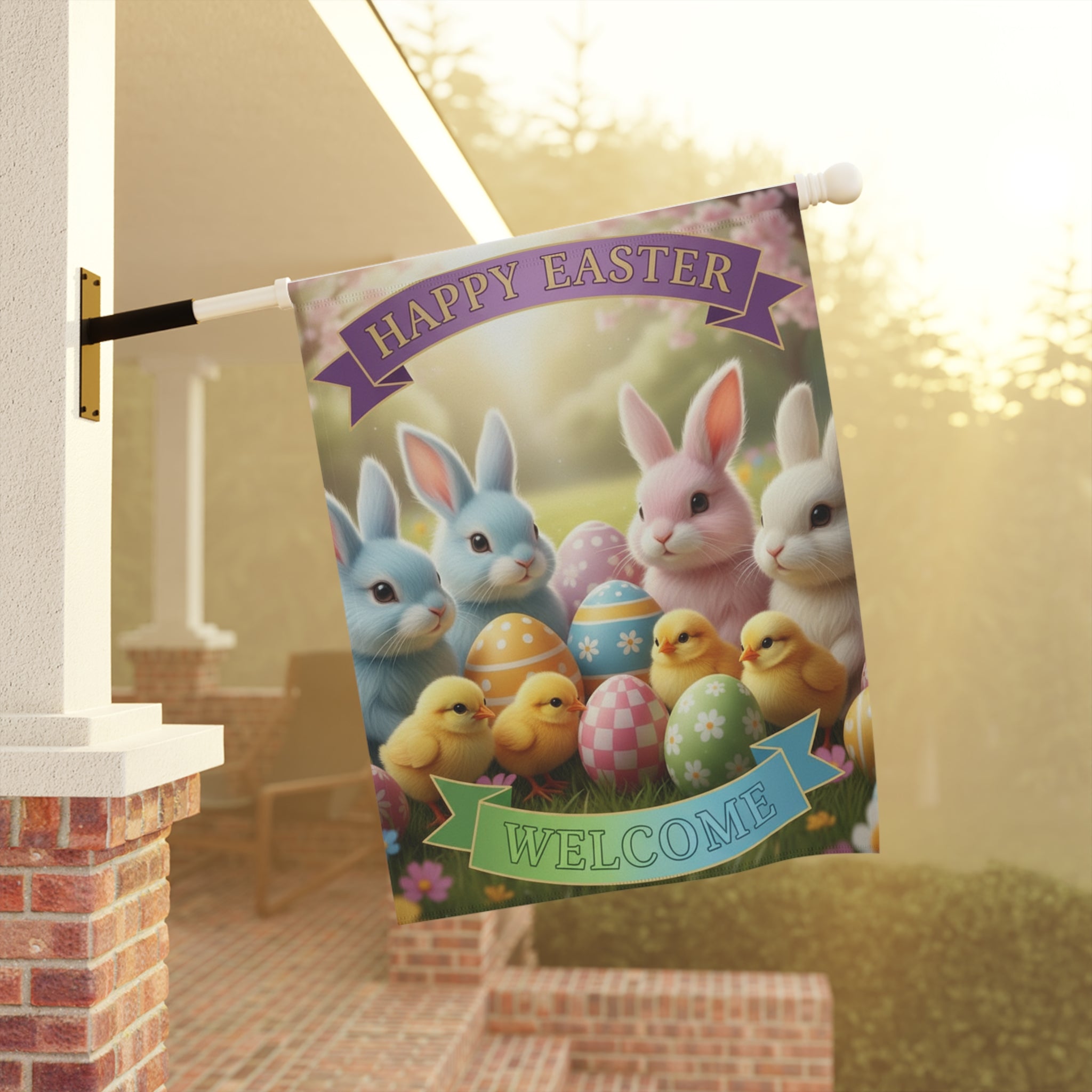 Happy Easter Welcome Garden Flag | Easter Bunnies, Chicks & Painted Eggs