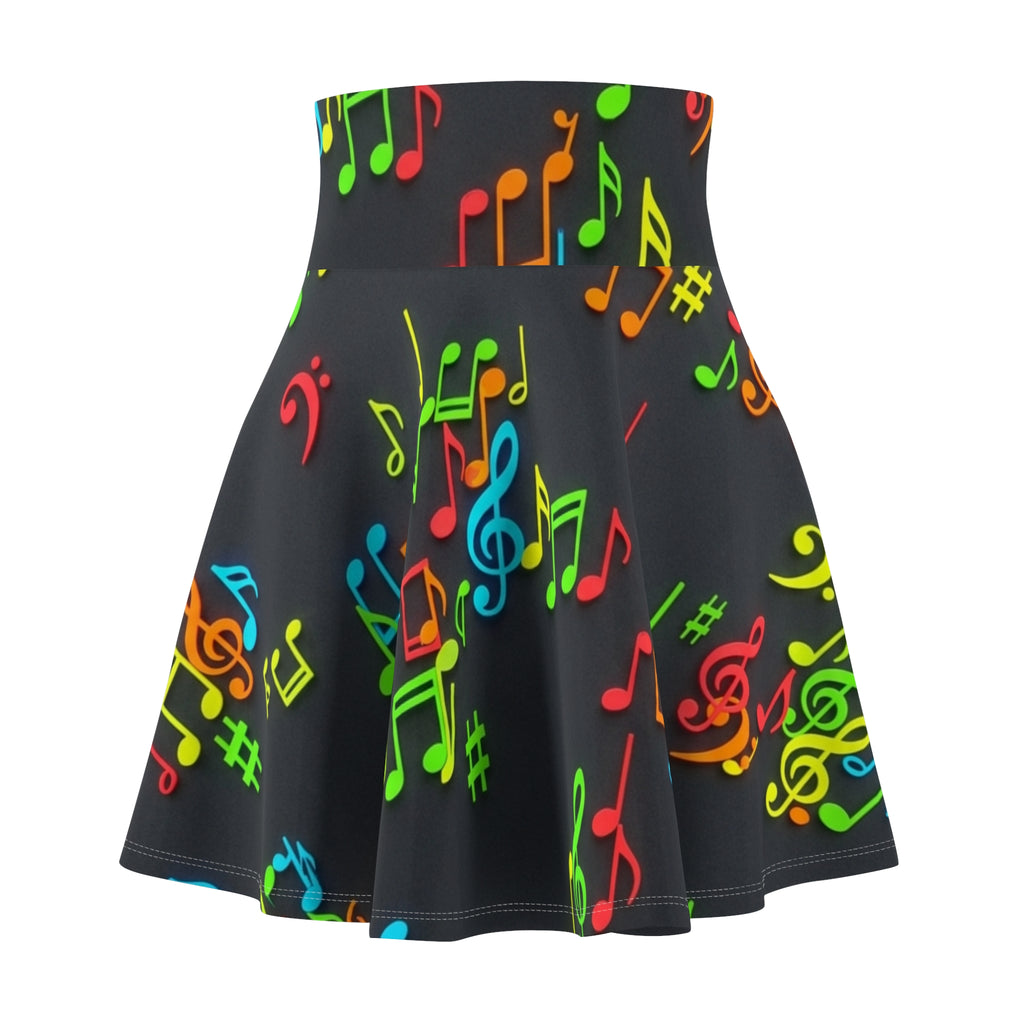 Neon Music Notes Skater Skirt | Musical Note Pattern, Black Background