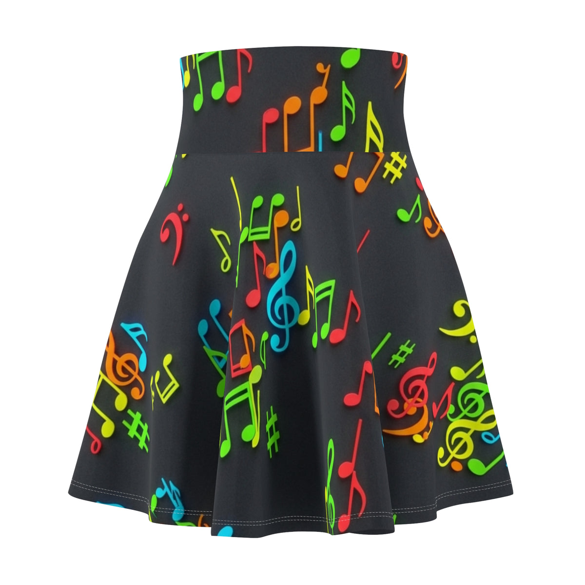 Neon Music Notes Skater Skirt | Musical Note Pattern, Black Background