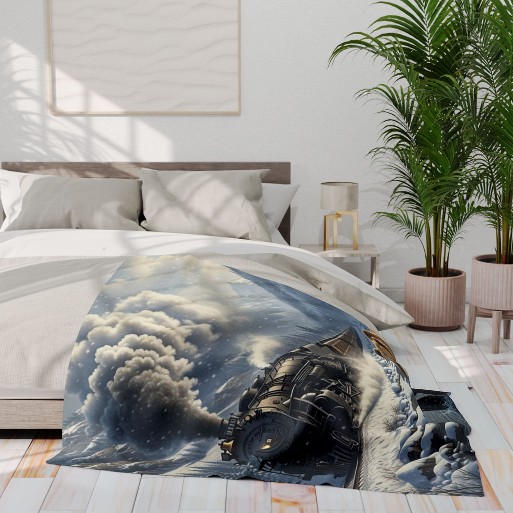 Bear Catching Salmon, Fleece Blanket | Steam Train Winter Landscape