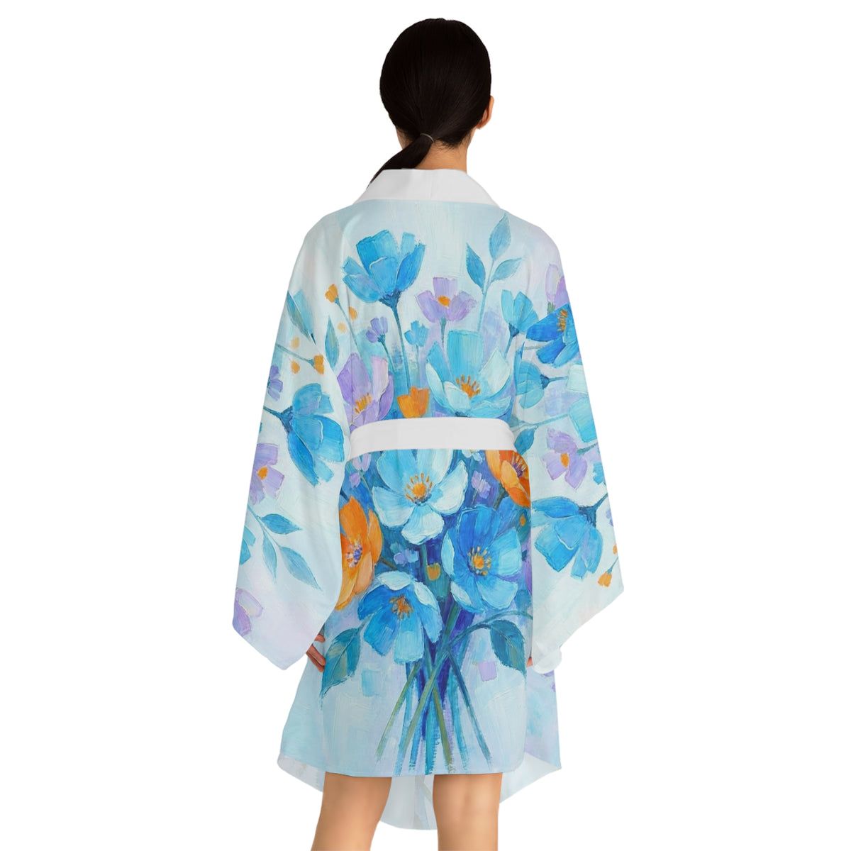 Blue & Orange Floral Kimono Robe - Watercolor Flowers