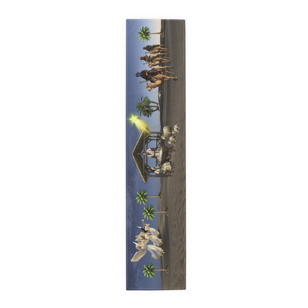 Nativity Scene Table Runner | Christmas Holy Family Angels, Palm Trees