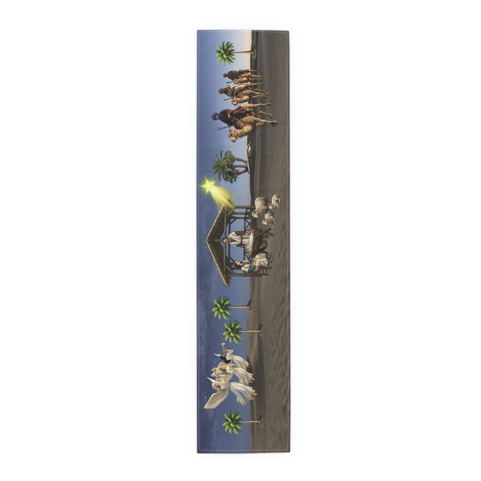 Nativity Scene Table Runner | Christmas Holy Family Angels, Palm Trees