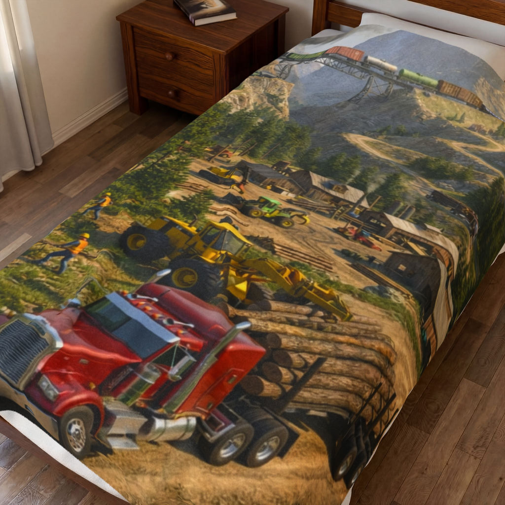 Red Tractor Logging Scene Velveteen Plush Blanket | Quarry Train Illustration