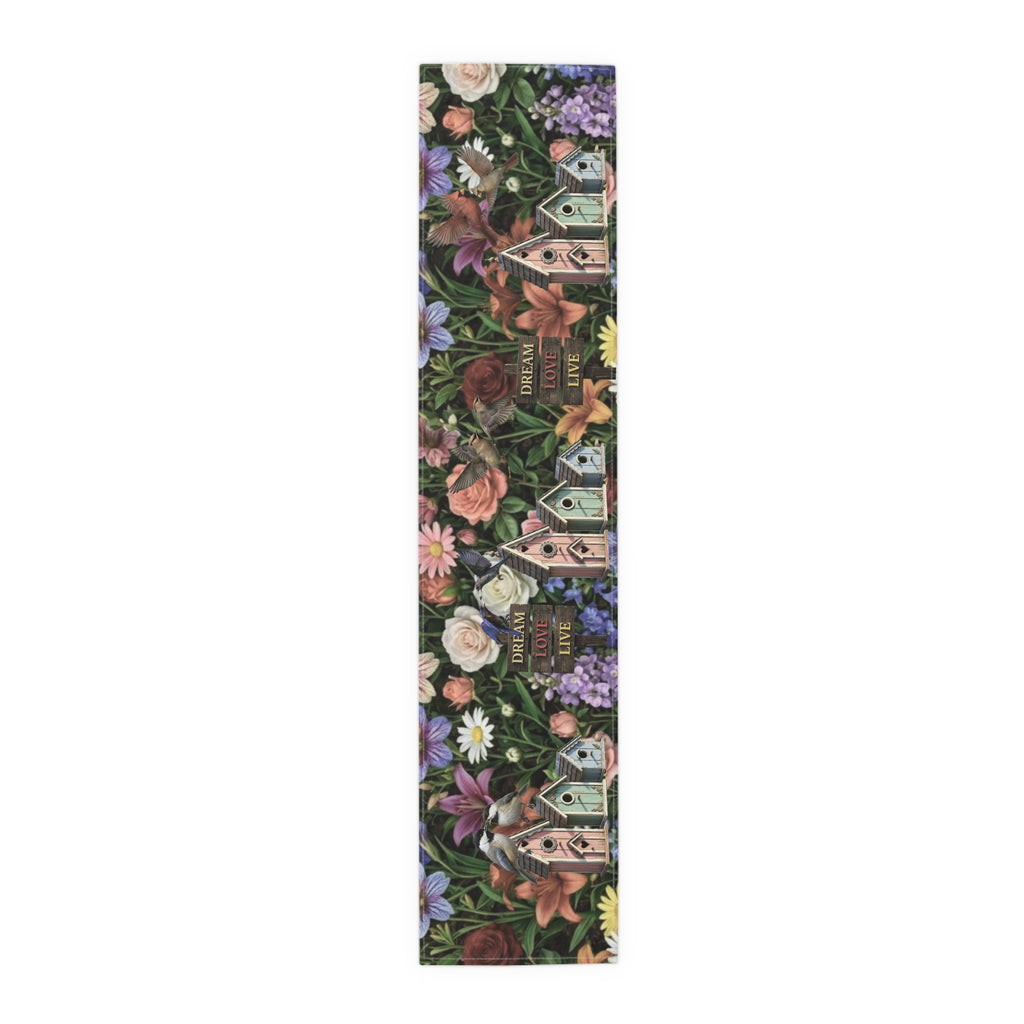 Floral Garden Birds Table Runner | Cottage Garden Birdhouse & Floral Decor