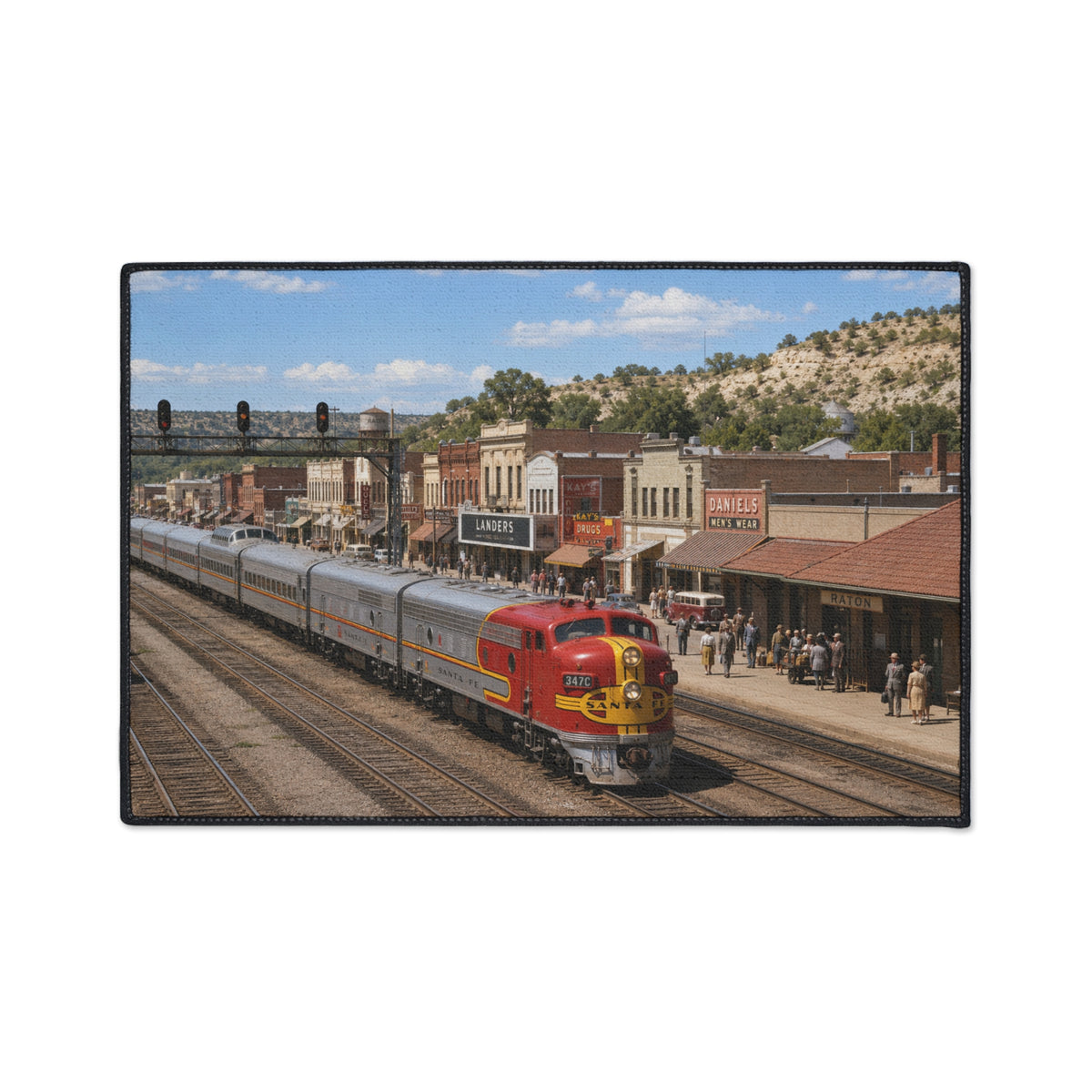 Vintage Streamlined Train Floor Mat | Retro Passenger Locomotive Station Scene