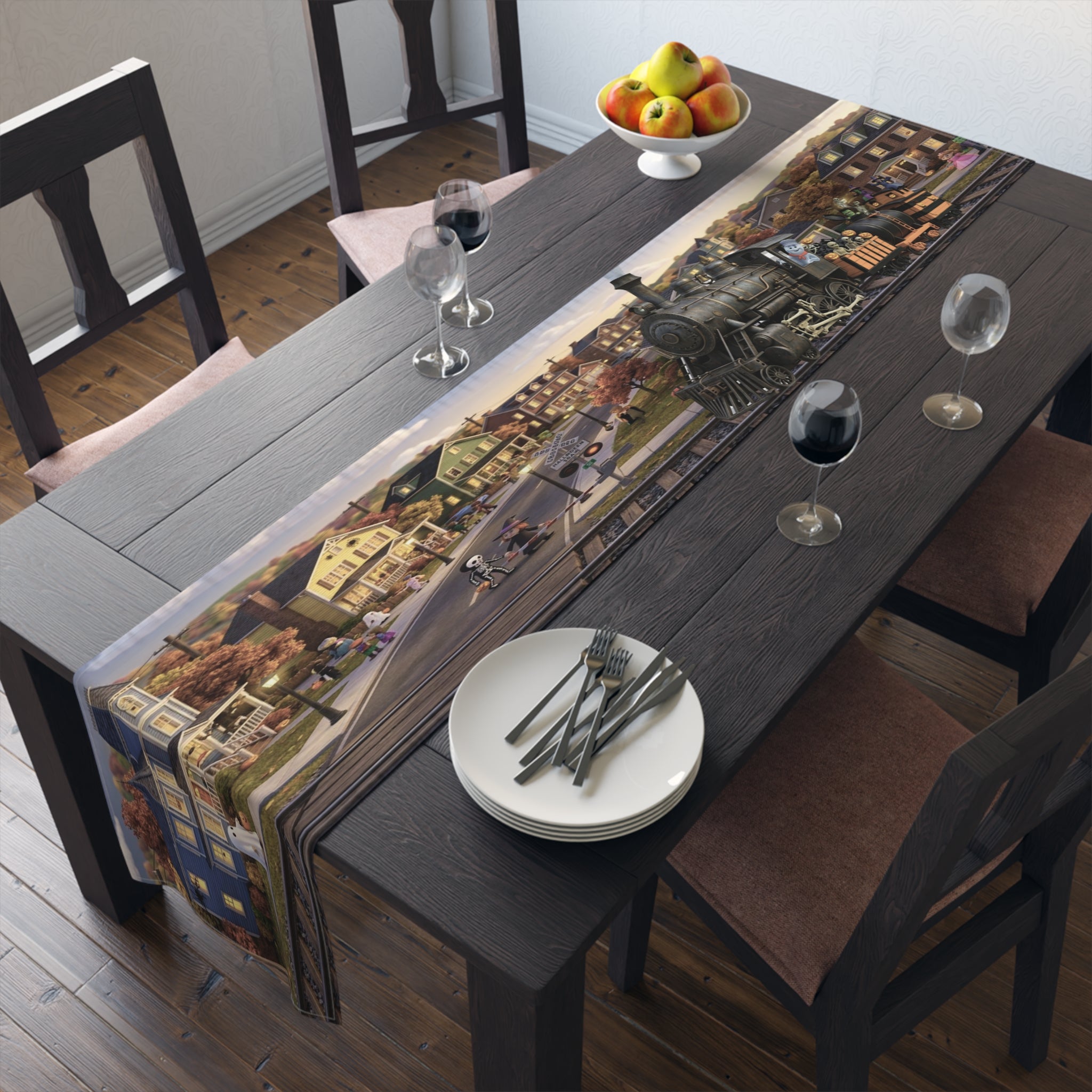 Vintage Steam Train Village Table Runner