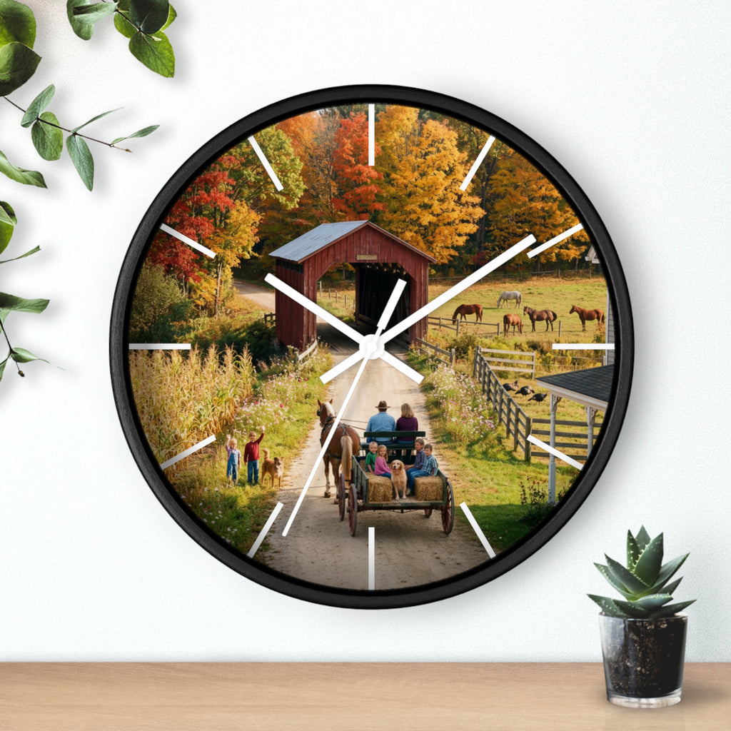 Autumn Covered Bridge Wall Clock / Country Wagon & Fall Scenery