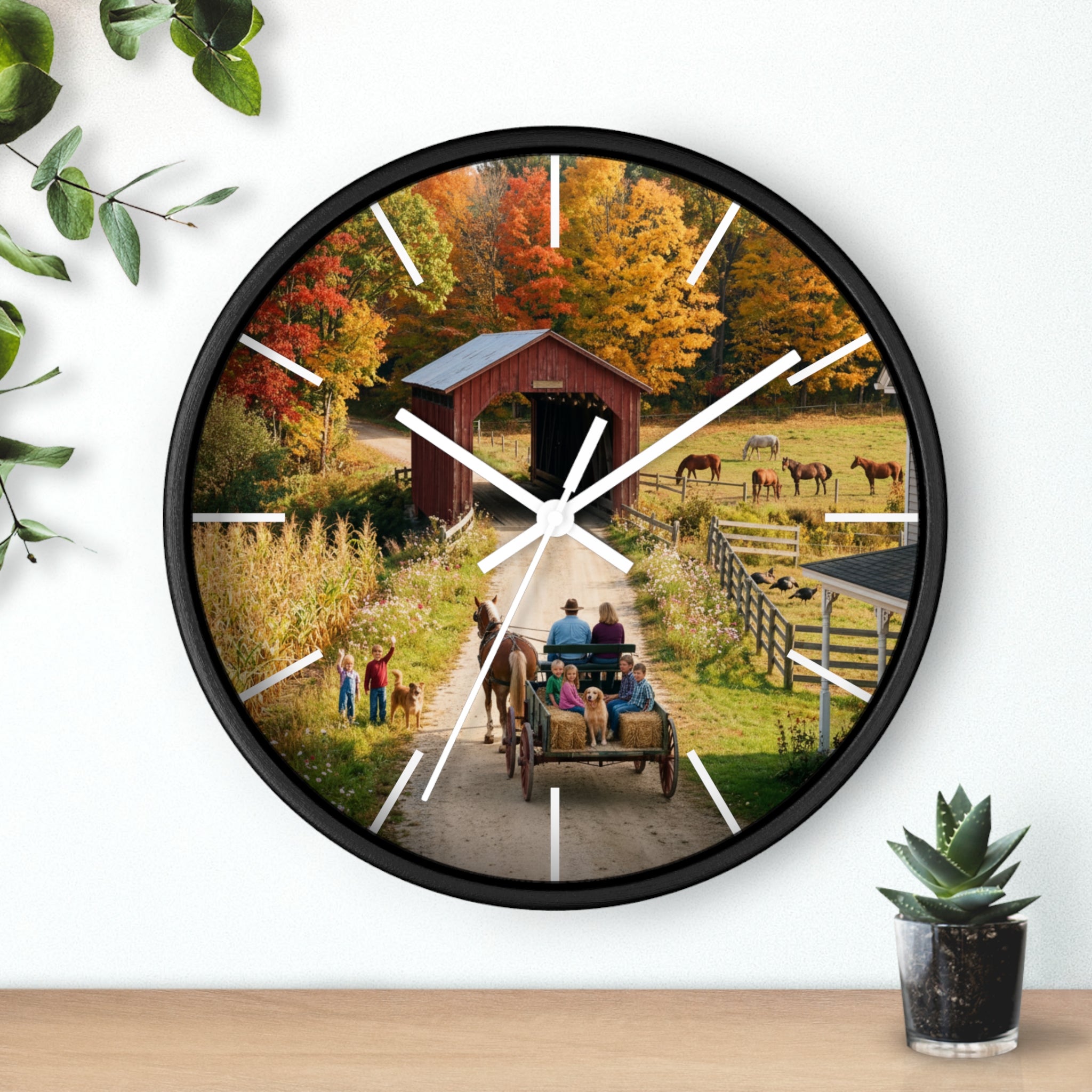 Autumn Covered Bridge Wall Clock / Country Wagon & Fall Scenery