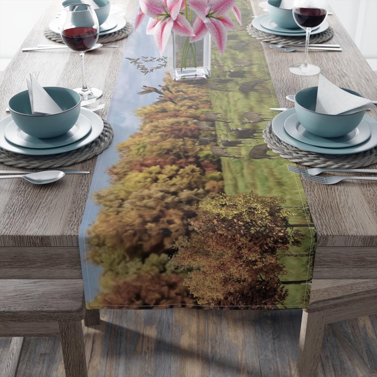 Fall Deer Table Runner | Autumn Wildlife Dining Decor (Cotton & Poly)