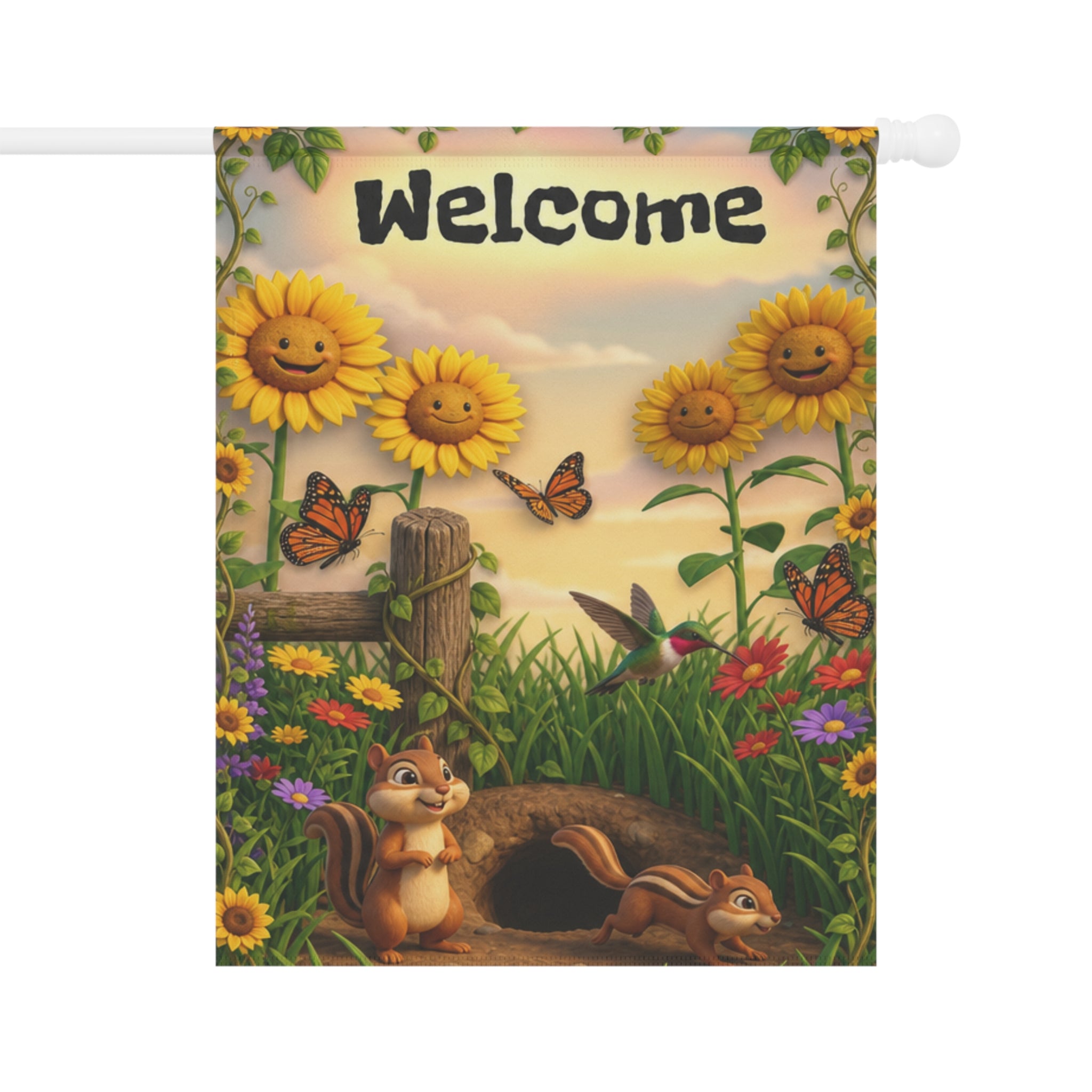 Chipmunks & Sunflowers Welcome Banner flag | Garden House Porch Decor