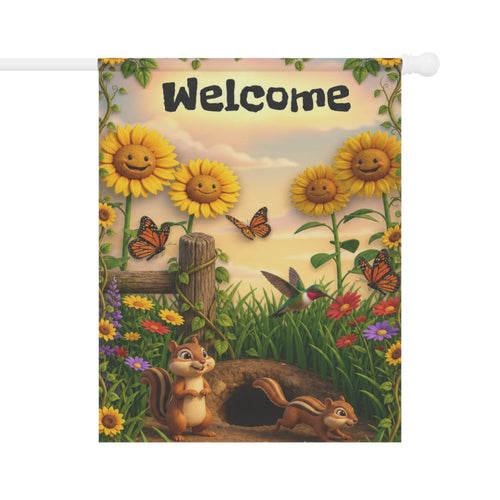 Chipmunks & Sunflowers Welcome Banner flag | Garden House Porch Decor