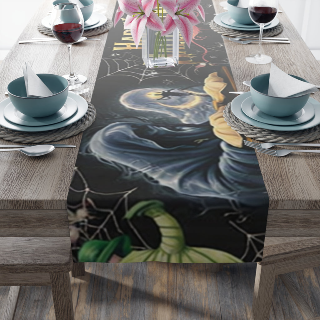 Happy Halloween Table Runner | Glowing Moon, Bats & Spiderwebs – Seasonal Table Decor