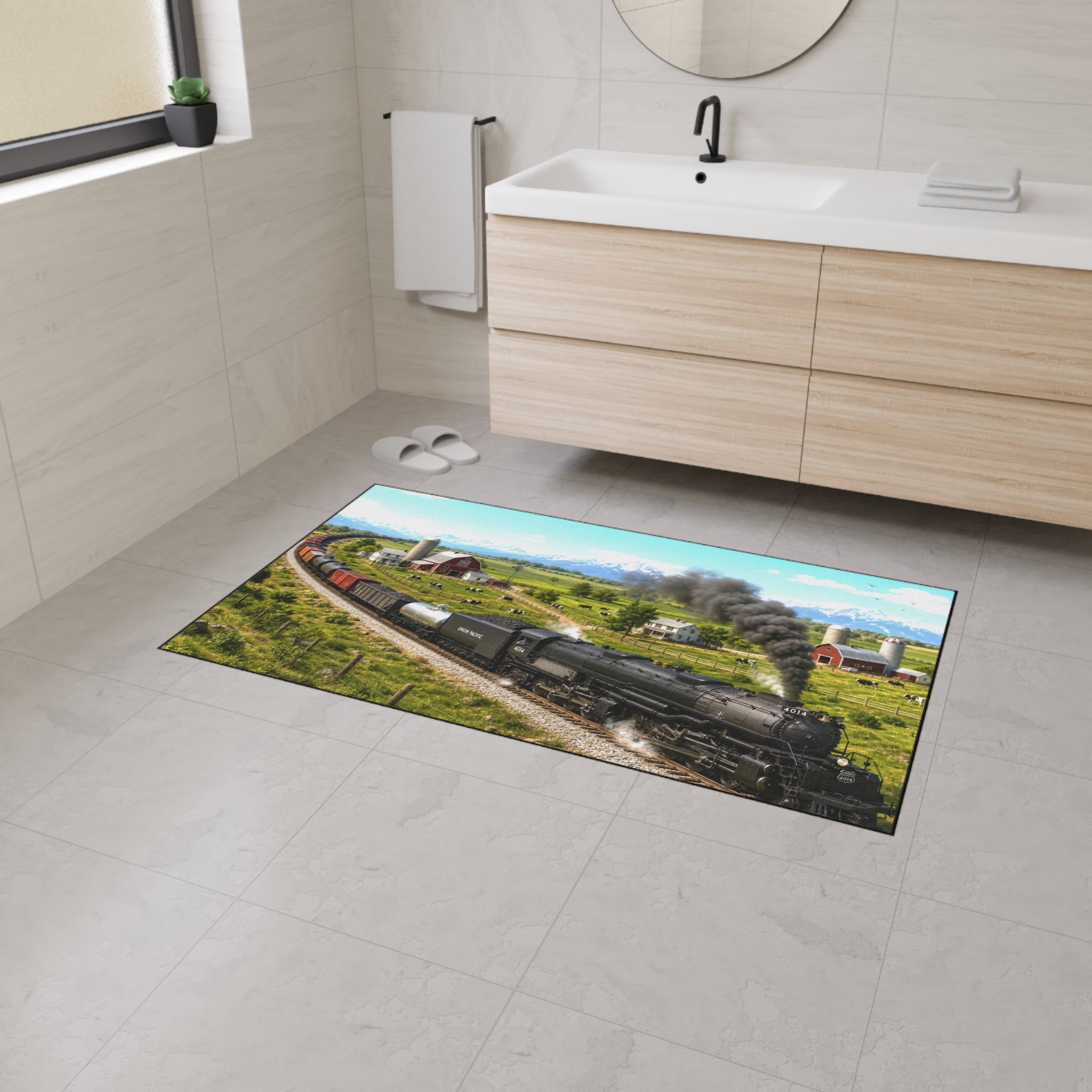Vintage Steam Locomotive Floor Mat | Train Farm Landscape