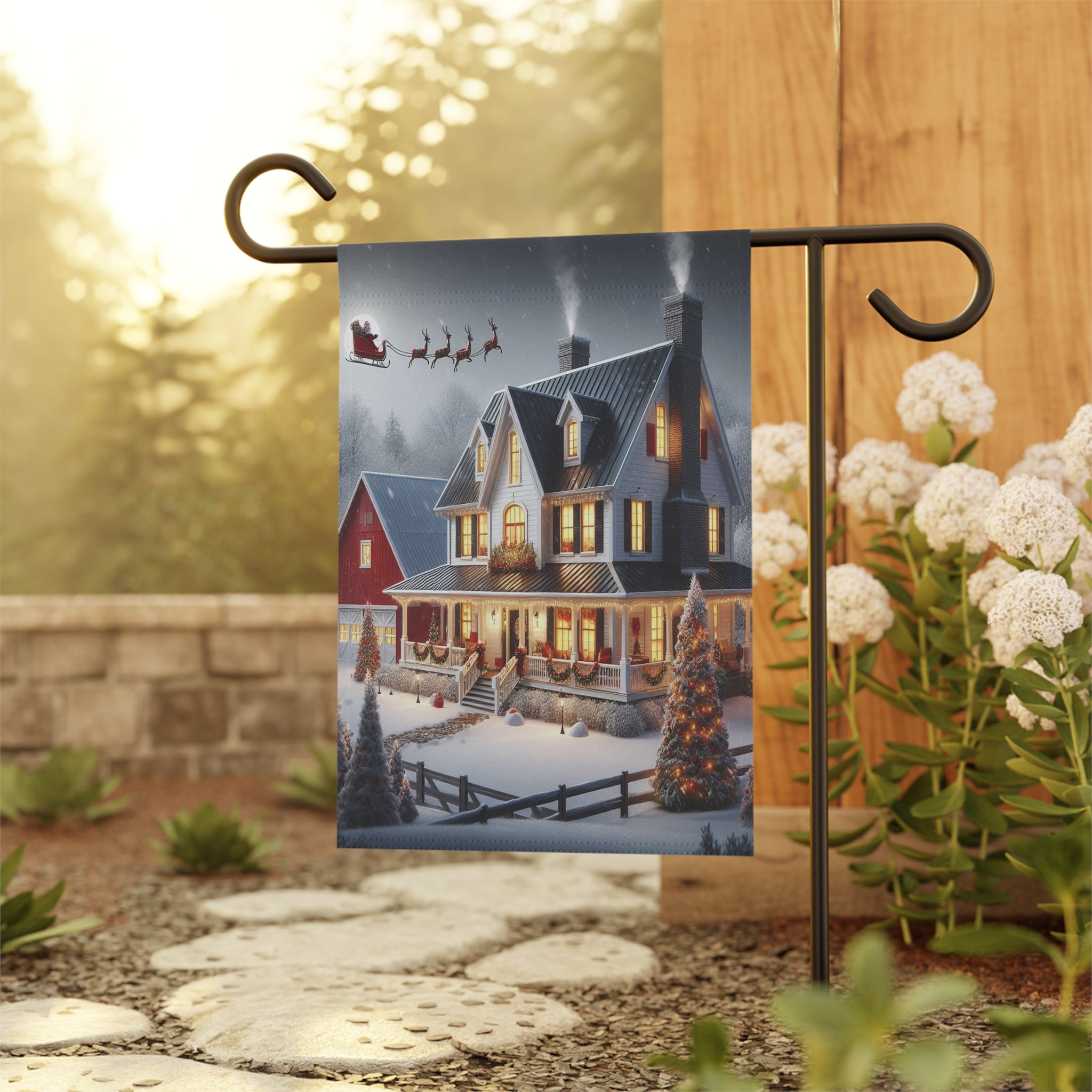 Snowy Victorian House Garden Flag | Christmas Yard Banner