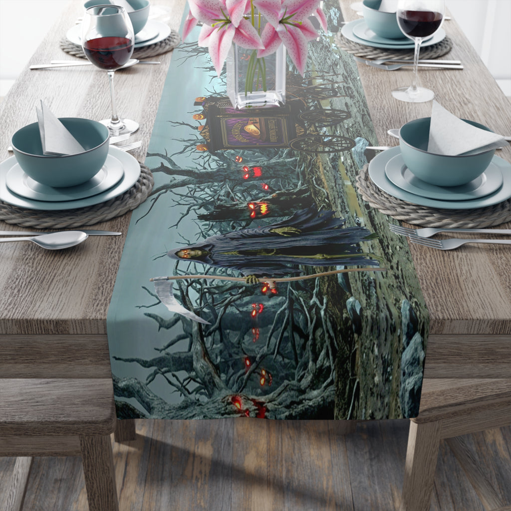 Haunted Hearse Carriage Table Runner | Halloween Spooky Graveyard Scene