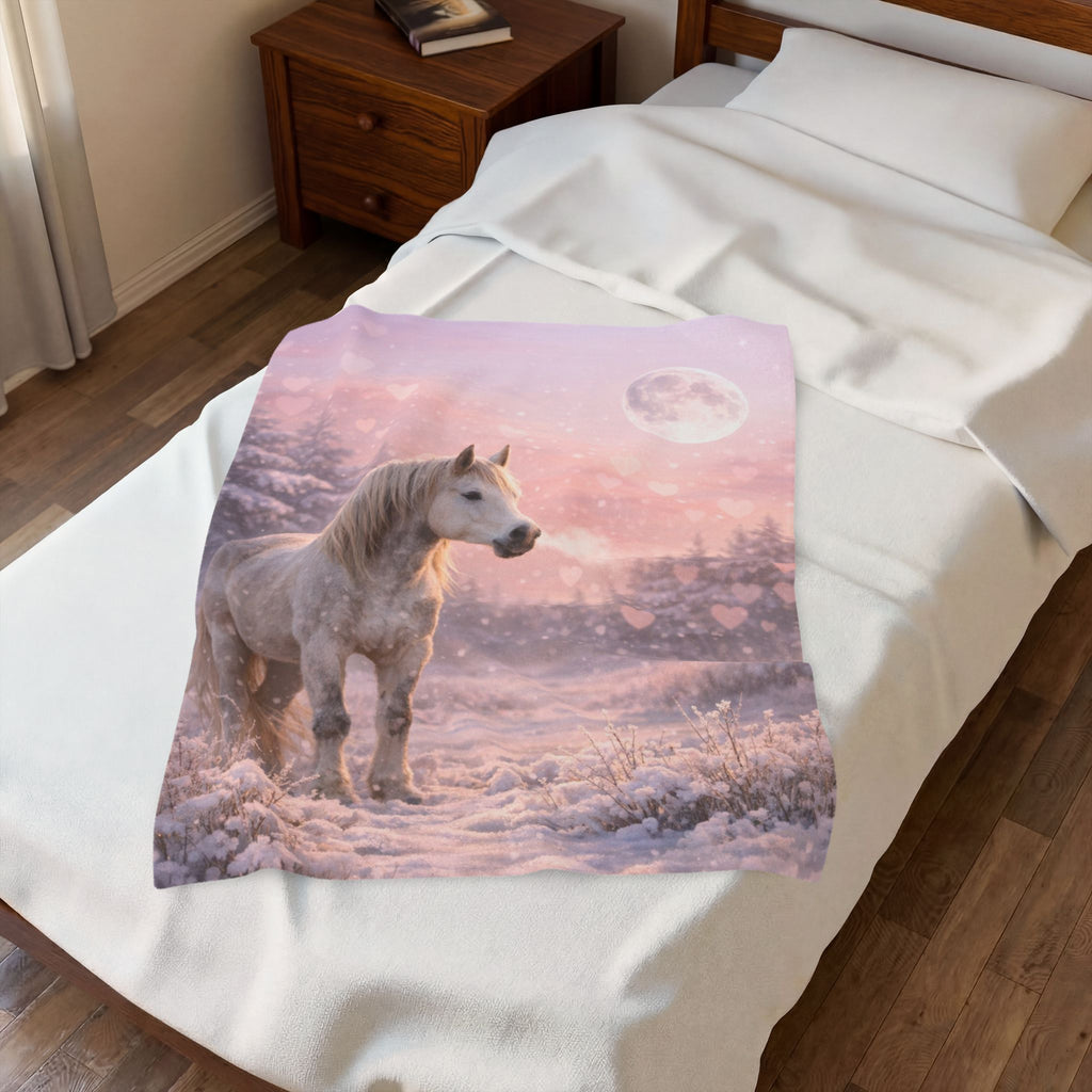 White Horse in Pink Winter Moonlight Blanket | Magical Snowy Forest