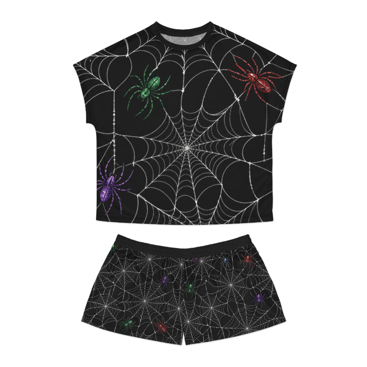 Colorful Spiders on Webs Pajama Set | Short Pajama Set