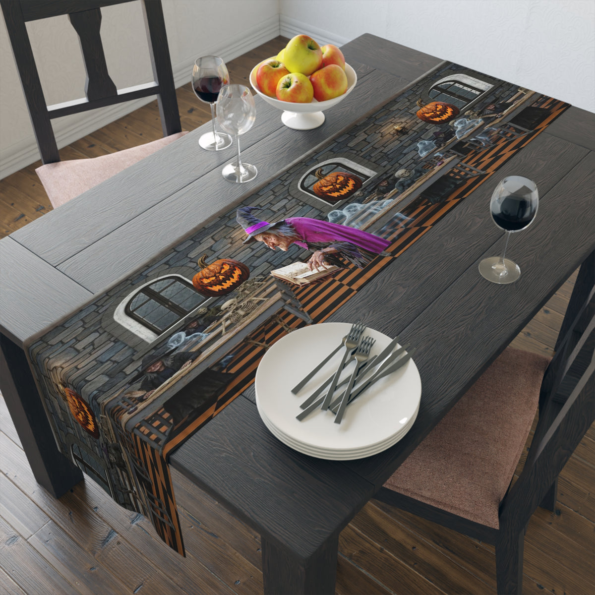 Haunted Library Table Runner | Shadowed Books, Vintage Bottles & Gothic Scene – Halloween Decor